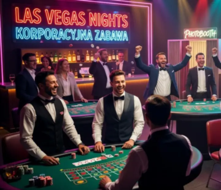 Impreza firmowa z motywem Las Vegas w biurze z efektownym oświetleniem, stołami do gier i profesjonalnymi krupierami