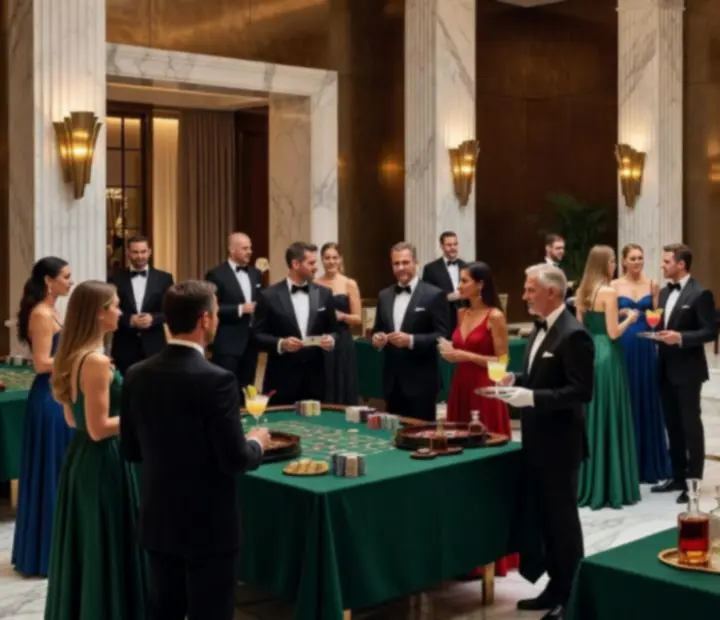Gala korporacyjna w butikowym hotelu z eleganckimi stołami do pokera i ruletki, goście przy kasynowych stołach oraz scenografia premium