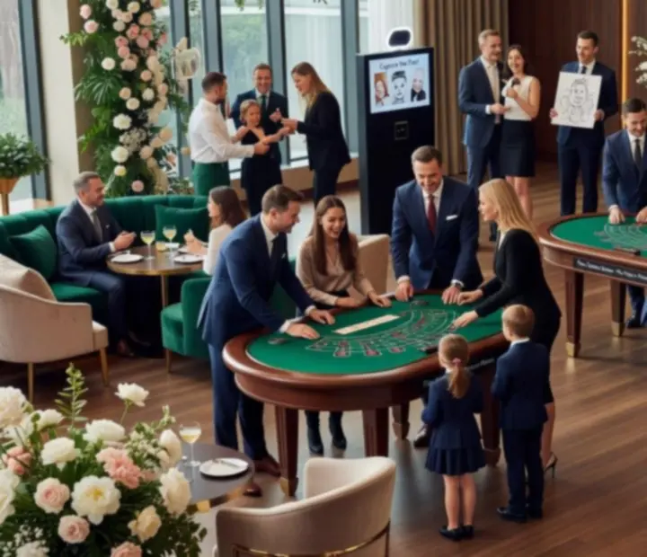 Rodzinny event z mobilnym kasynem NAXSOL ENTERPRISES LTD, gdzie dorośli i dzieci biorą udział w bezpiecznej grywalizacji przy stołach.