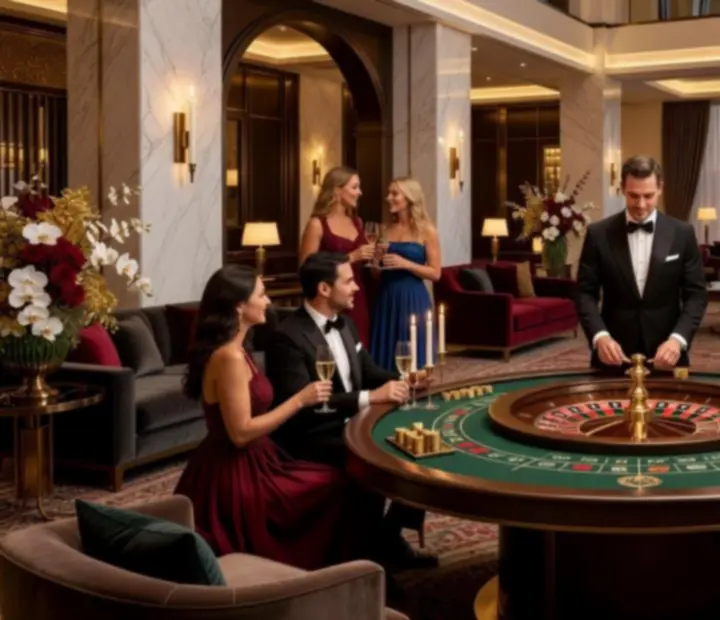 Luksusowy event w stylu kasyna z eleganckimi stołami pokerowymi, ruletką i gośćmi w wieczorowych stylizacjach