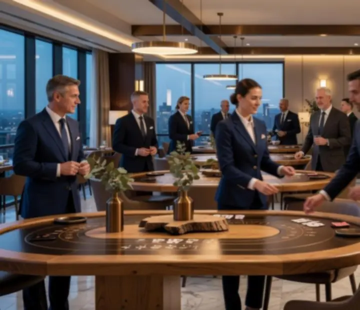 Ekskluzywne przyjęcie firmowe z mobilnymi stołami kasynowymi i gośćmi rozmawiającymi przy eleganckim oświetleniu